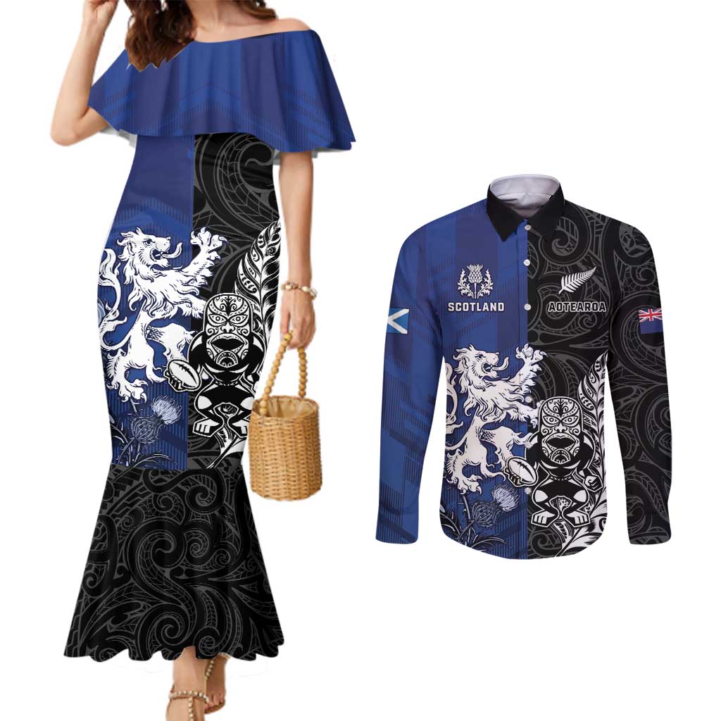 New Zealand And Scotland Rugby Custom Couples Matching Mermaid Dress and Long Sleeve Button Shirt Maori Tiki With Thistle Together