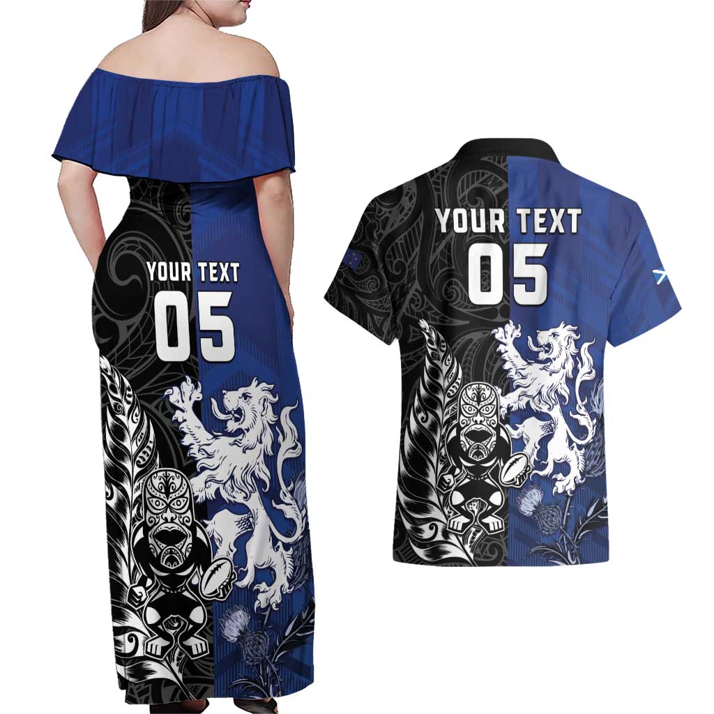 New Zealand And Scotland Rugby Custom Couples Matching Off Shoulder Maxi Dress and Hawaiian Shirt Maori Tiki With Thistle Together