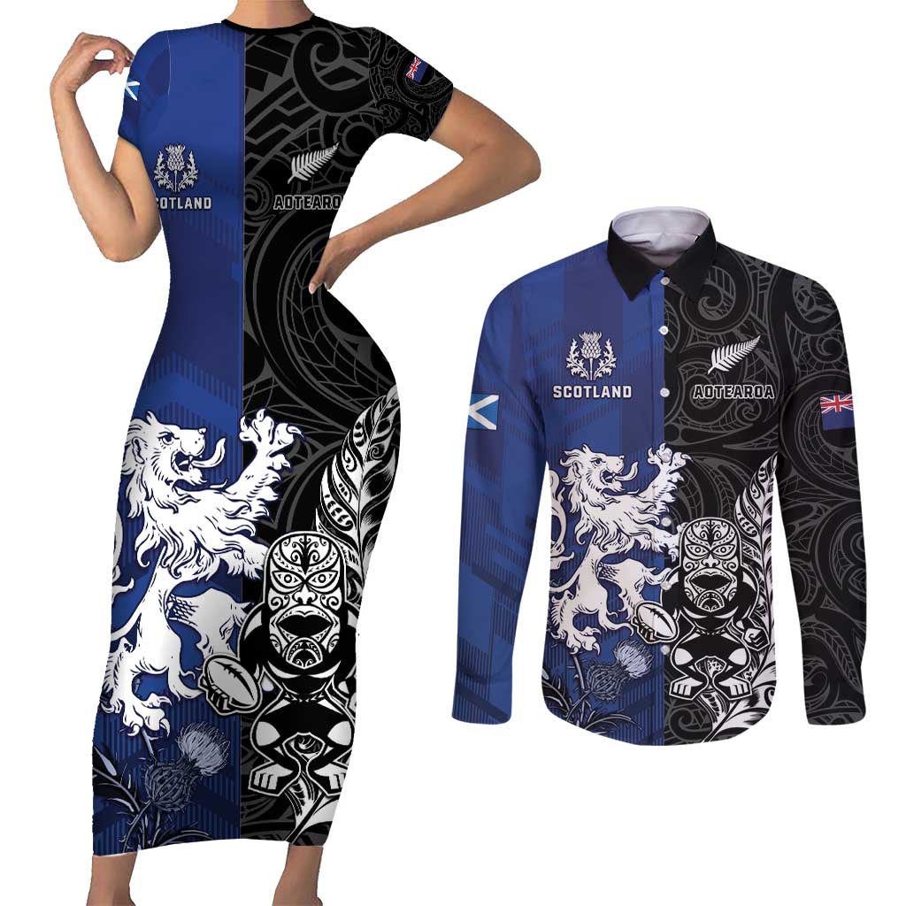 New Zealand And Scotland Rugby Custom Couples Matching Short Sleeve Bodycon Dress and Long Sleeve Button Shirt Maori Tiki With Thistle Together
