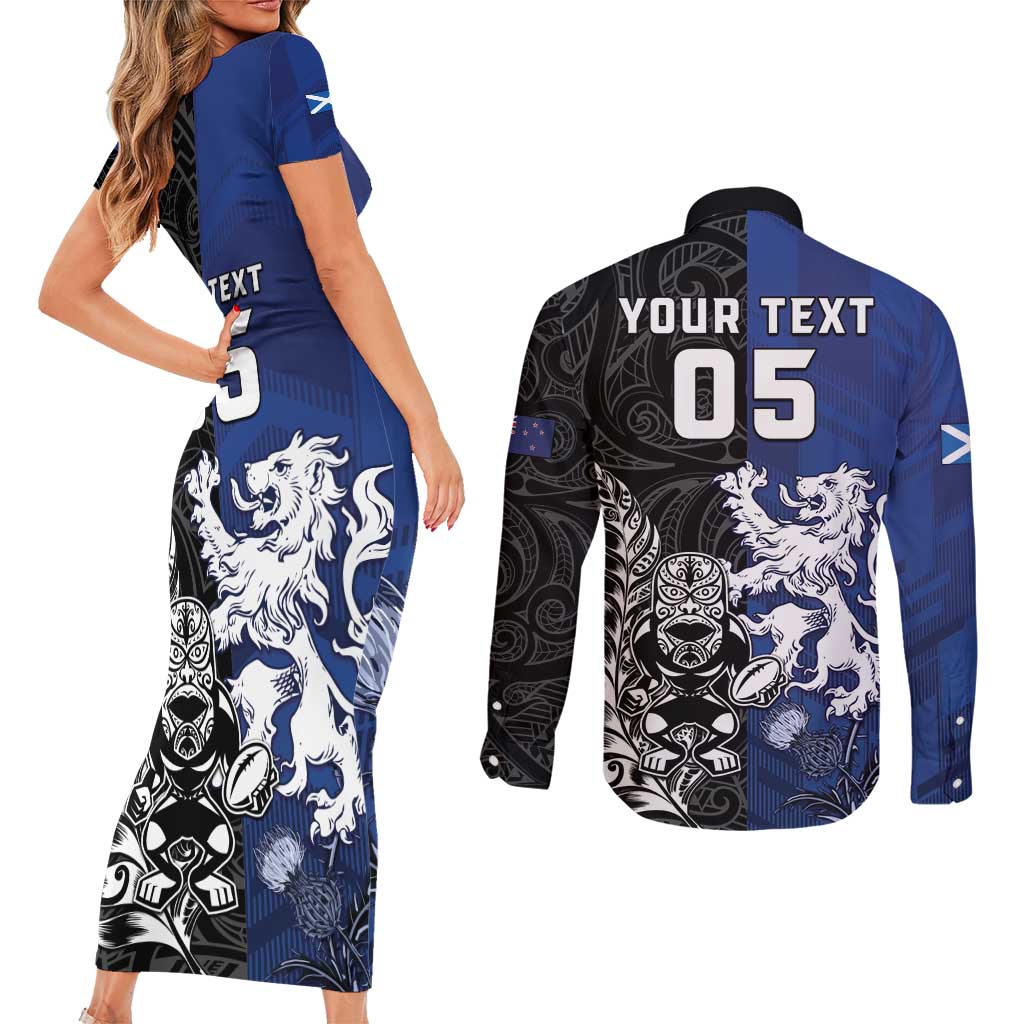 New Zealand And Scotland Rugby Custom Couples Matching Short Sleeve Bodycon Dress and Long Sleeve Button Shirt Maori Tiki With Thistle Together