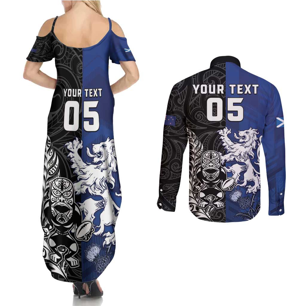 New Zealand And Scotland Rugby Custom Couples Matching Summer Maxi Dress and Long Sleeve Button Shirt Maori Tiki With Thistle Together