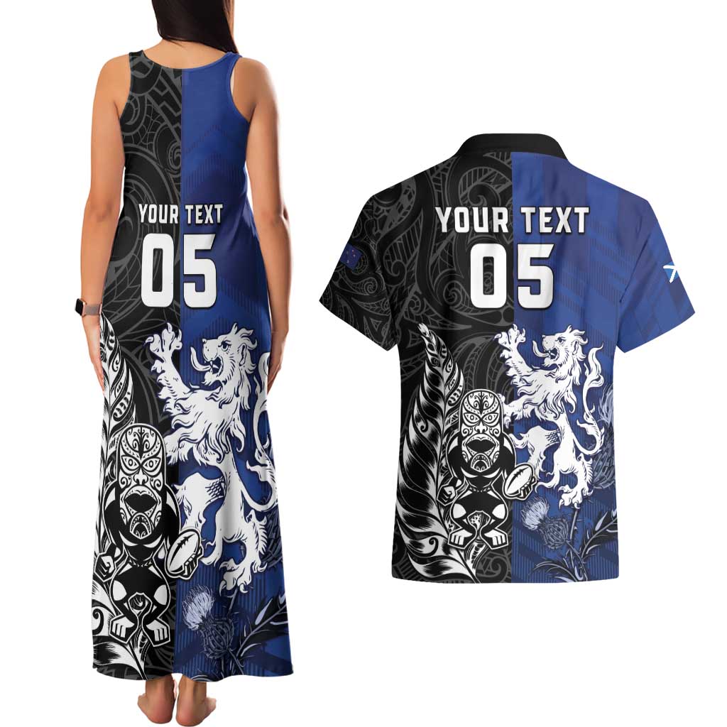 New Zealand And Scotland Rugby Custom Couples Matching Tank Maxi Dress and Hawaiian Shirt Maori Tiki With Thistle Together