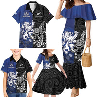 New Zealand And Scotland Rugby Custom Family Matching Mermaid Dress and Hawaiian Shirt Maori Tiki With Thistle Together LT05 - Polynesian Pride