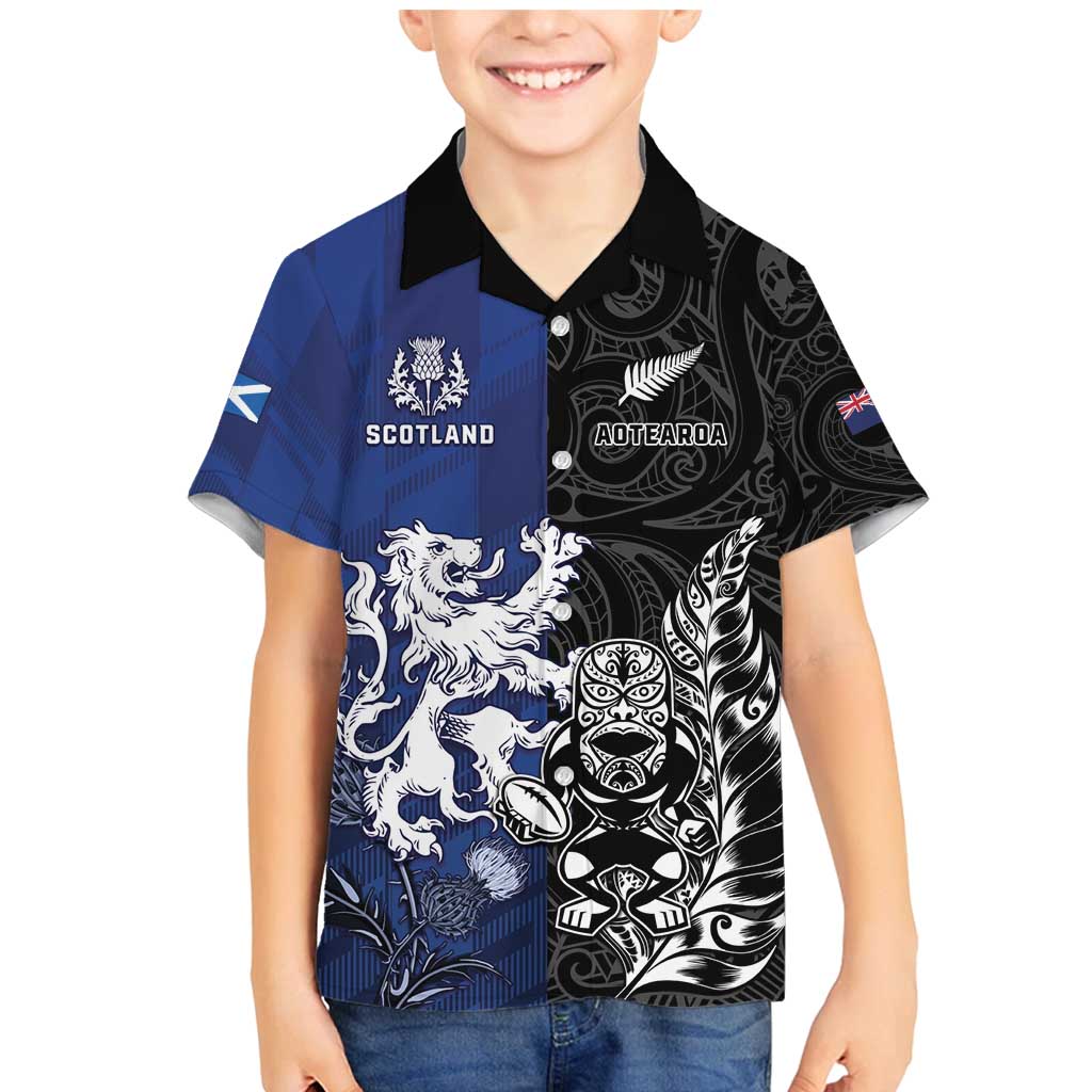 New Zealand And Scotland Rugby Custom Family Matching Mermaid Dress and Hawaiian Shirt Maori Tiki With Thistle Together LT05 Son's Shirt Black - Polynesian Pride