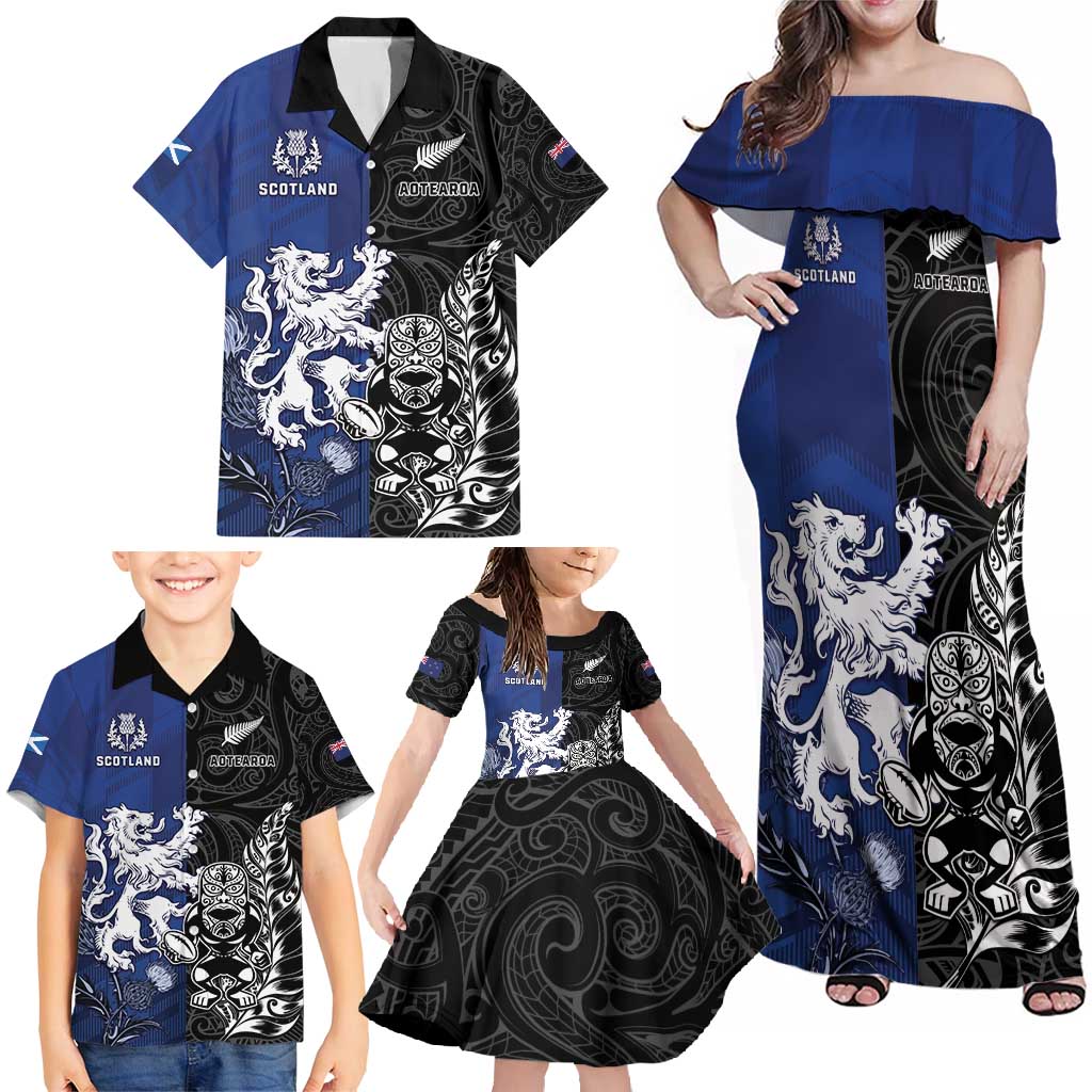 New Zealand And Scotland Rugby Custom Family Matching Off Shoulder Maxi Dress and Hawaiian Shirt Maori Tiki With Thistle Together LT05 - Polynesian Pride