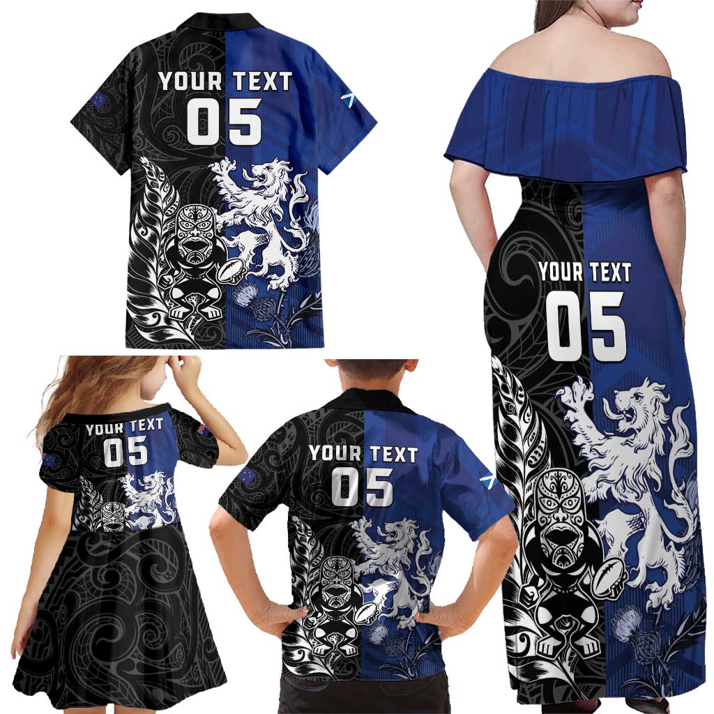 New Zealand And Scotland Rugby Custom Family Matching Off Shoulder Maxi Dress and Hawaiian Shirt Maori Tiki With Thistle Together LT05 - Polynesian Pride