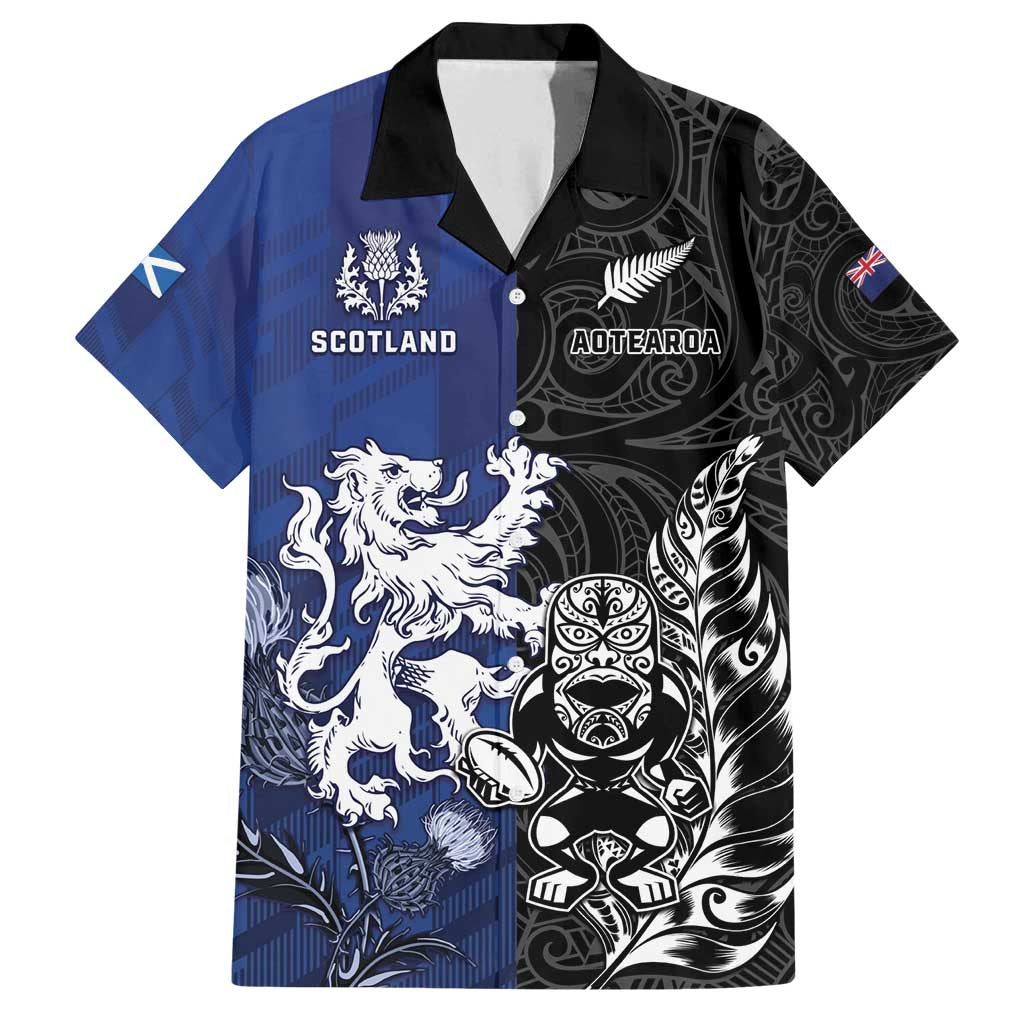 New Zealand And Scotland Rugby Custom Family Matching Off Shoulder Maxi Dress and Hawaiian Shirt Maori Tiki With Thistle Together LT05 Dad's Shirt - Short Sleeve Black - Polynesian Pride