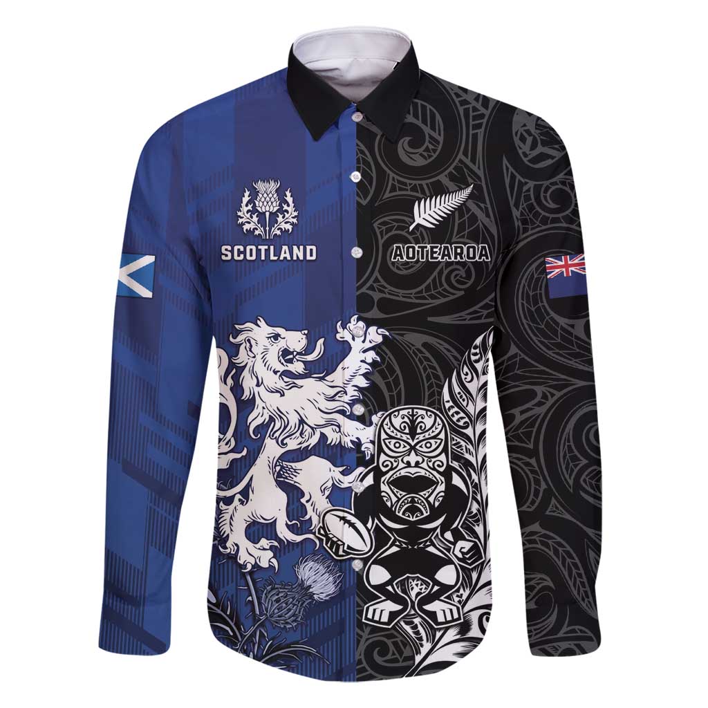 New Zealand And Scotland Rugby Custom Family Matching Off Shoulder Maxi Dress and Hawaiian Shirt Maori Tiki With Thistle Together LT05 Dad's Shirt - Long Sleeve Black - Polynesian Pride