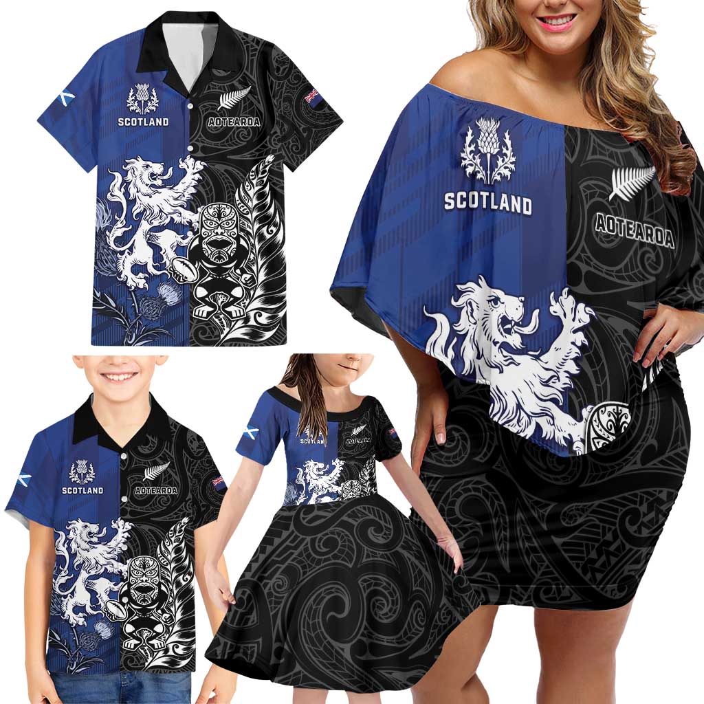 New Zealand And Scotland Rugby Custom Family Matching Off Shoulder Short Dress and Hawaiian Shirt Maori Tiki With Thistle Together