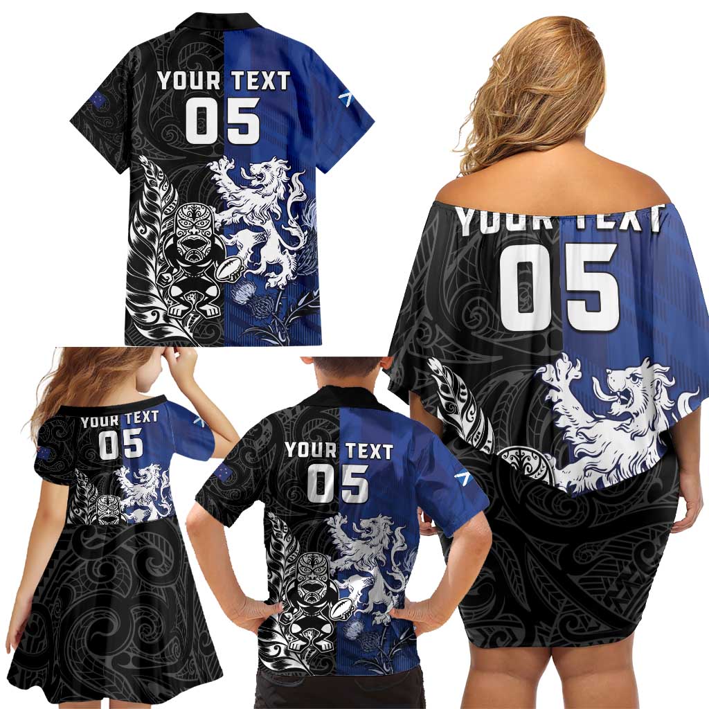New Zealand And Scotland Rugby Custom Family Matching Off Shoulder Short Dress and Hawaiian Shirt Maori Tiki With Thistle Together