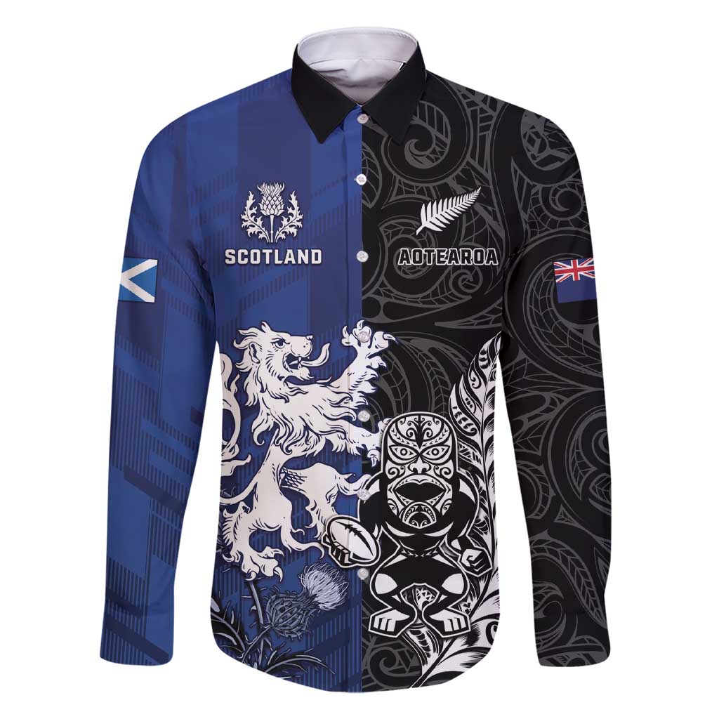New Zealand And Scotland Rugby Custom Family Matching Short Sleeve Bodycon Dress and Hawaiian Shirt Maori Tiki With Thistle Together