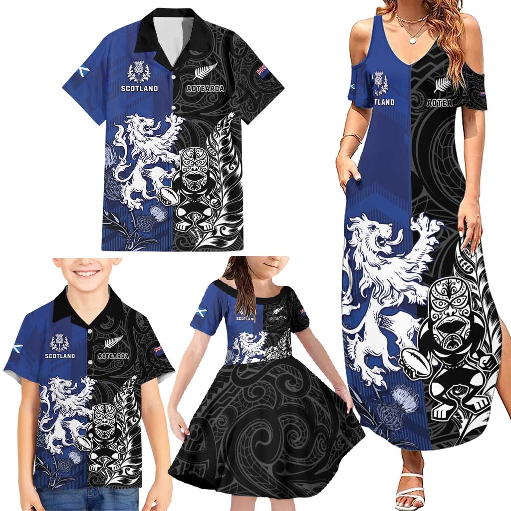 New Zealand And Scotland Rugby Custom Family Matching Summer Maxi Dress and Hawaiian Shirt Maori Tiki With Thistle Together
