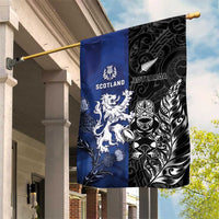 New Zealand And Scotland Rugby Garden Flag Maori Tiki With Thistle Together LT05 House Flag Black - Polynesian Pride