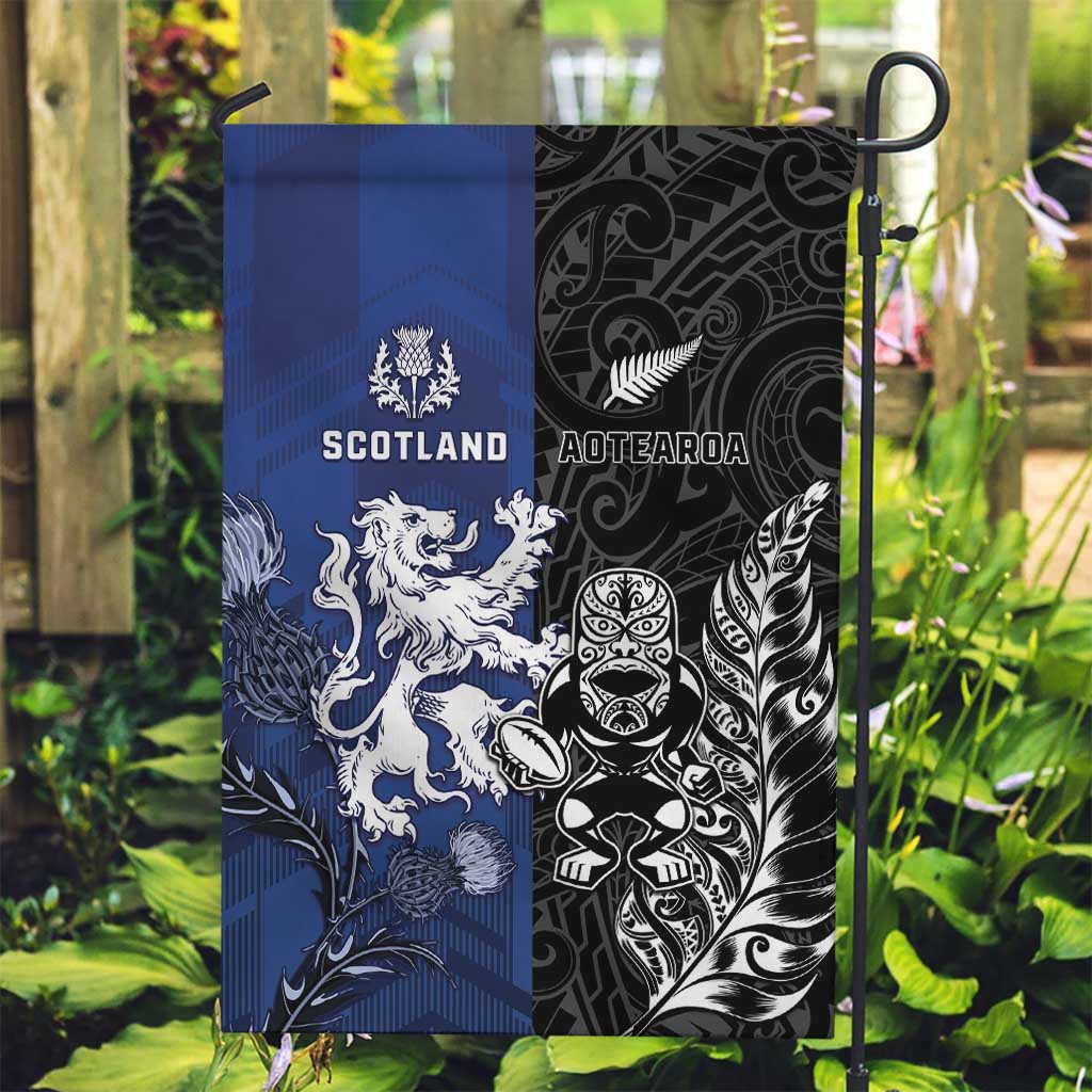 New Zealand And Scotland Rugby Garden Flag Maori Tiki With Thistle Together LT05 Garden Flag Black - Polynesian Pride