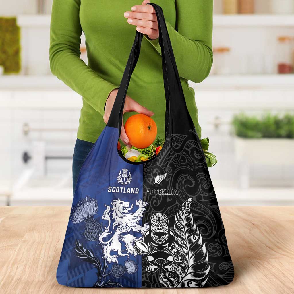 New Zealand And Scotland Rugby Grocery Bag Maori Tiki With Thistle Together LT05 - Polynesian Pride