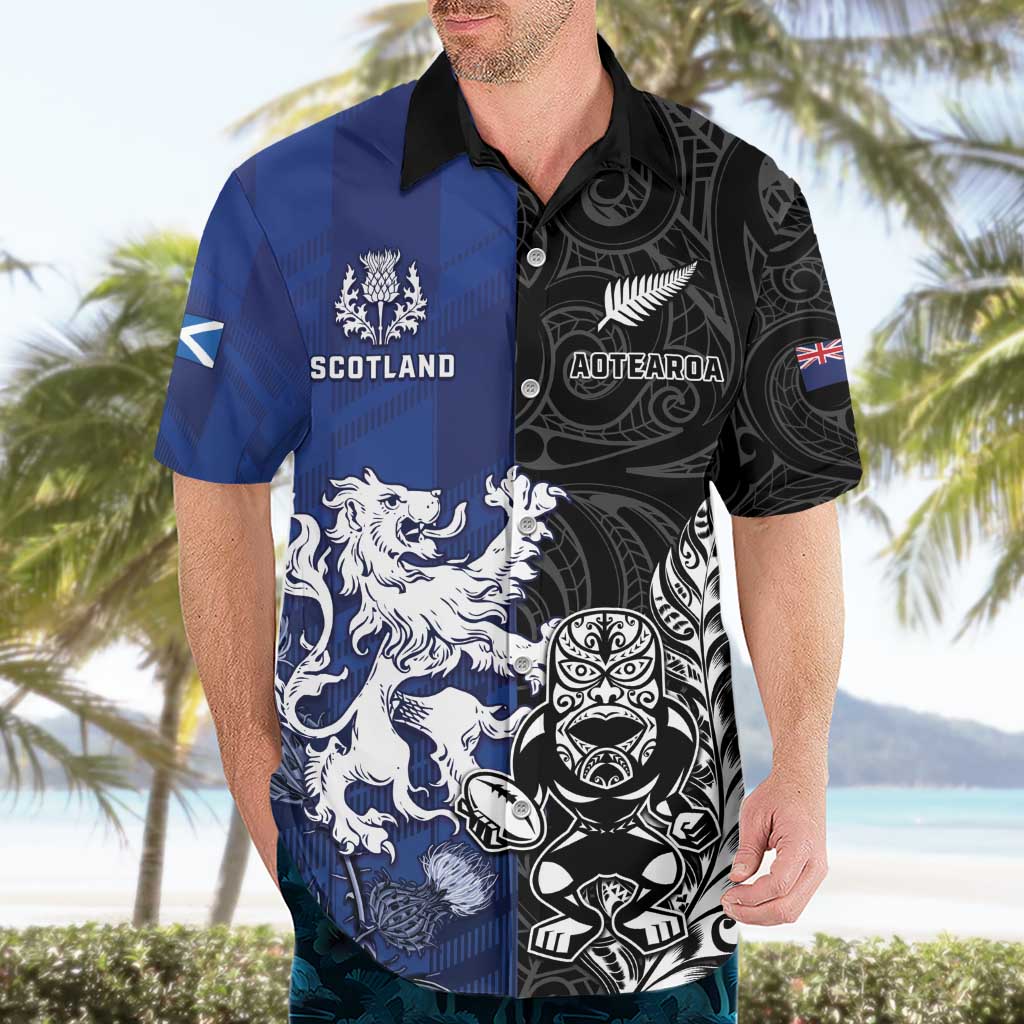 New Zealand And Scotland Rugby Custom Hawaiian Shirt Maori Tiki With Thistle Together LT05 - Polynesian Pride