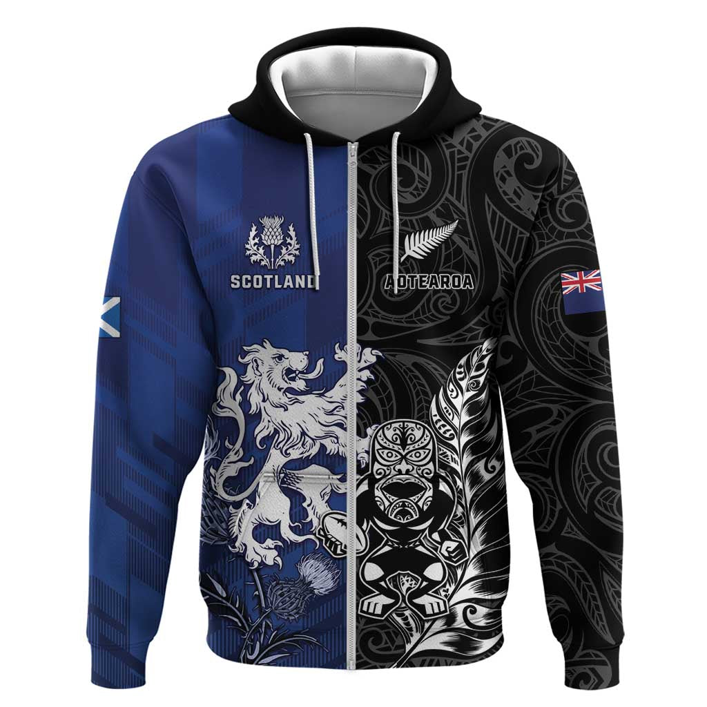 New Zealand And Scotland Rugby Custom Hoodie Maori Tiki With Thistle Together LT05 Zip Hoodie Black - Polynesian Pride