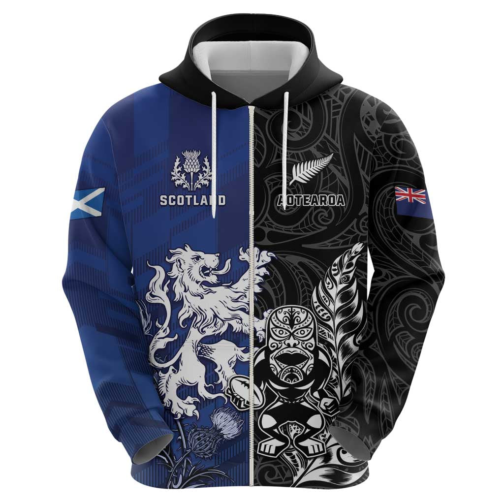 New Zealand And Scotland Rugby Custom Hoodie Maori Tiki With Thistle Together LT05 - Polynesian Pride