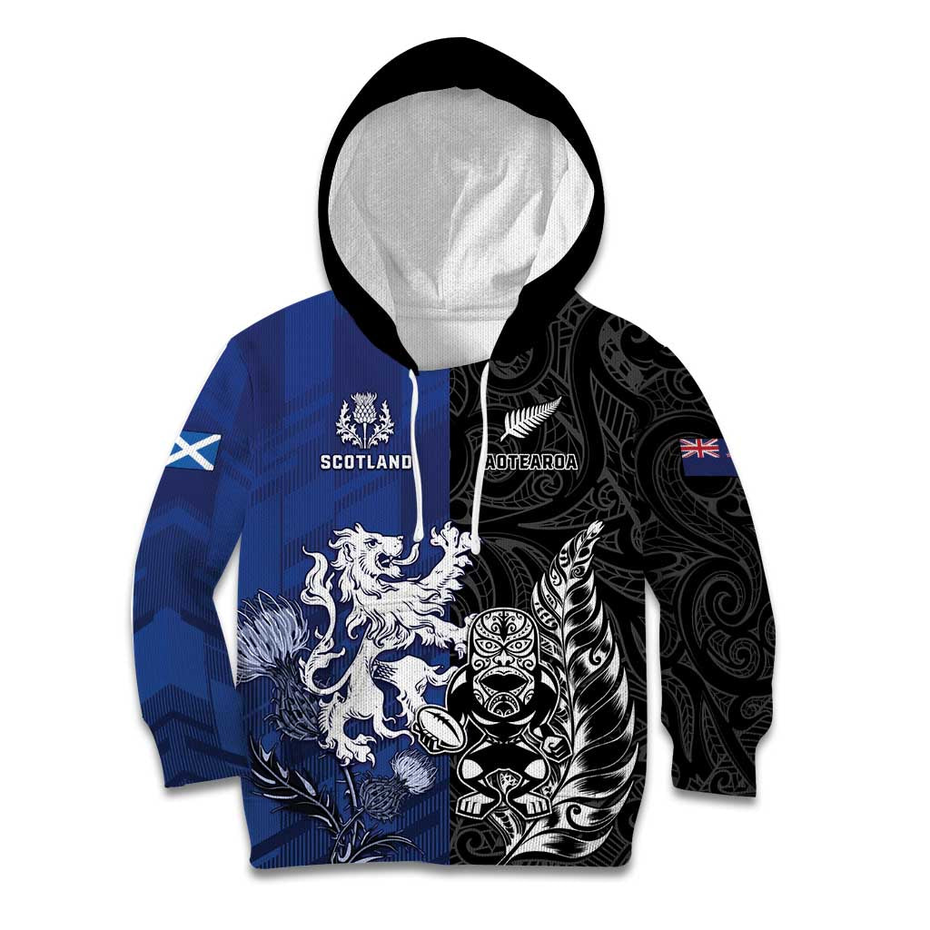New Zealand And Scotland Rugby Custom Kid Hoodie Maori Tiki With Thistle Together LT05 Hoodie Black - Polynesian Pride