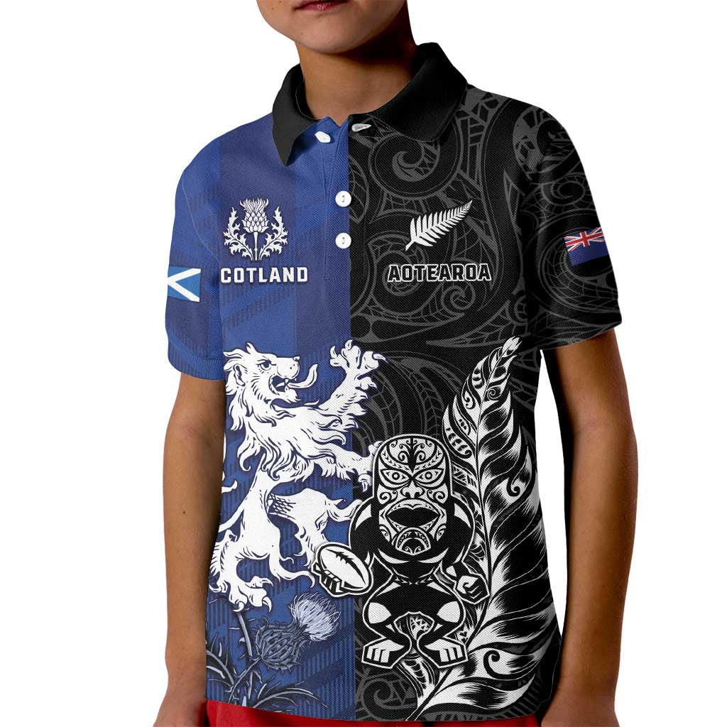 New Zealand And Scotland Rugby Custom Kid Polo Shirt Maori Tiki With Thistle Together LT05 Kid Black - Polynesian Pride
