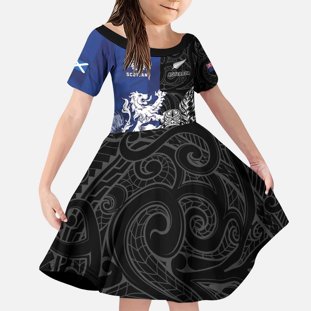 New Zealand And Scotland Rugby Custom Kid Short Sleeve Dress Maori Tiki With Thistle Together LT05 KID Black - Polynesian Pride