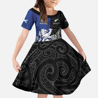 New Zealand And Scotland Rugby Custom Kid Short Sleeve Dress Maori Tiki With Thistle Together LT05 KID Black - Polynesian Pride