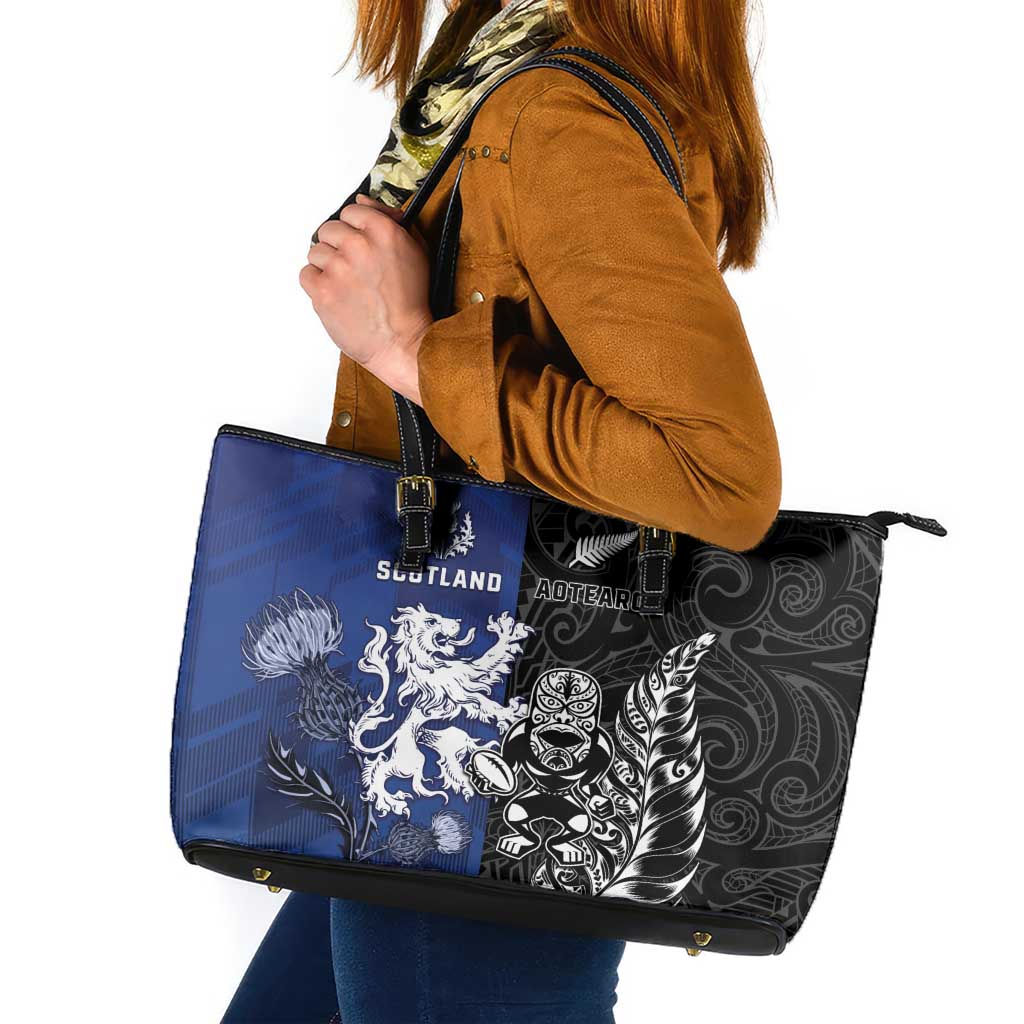 New Zealand And Scotland Rugby Leather Tote Bag Maori Tiki With Thistle Together LT05 Black - Polynesian Pride