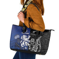 New Zealand And Scotland Rugby Leather Tote Bag Maori Tiki With Thistle Together LT05 Black - Polynesian Pride