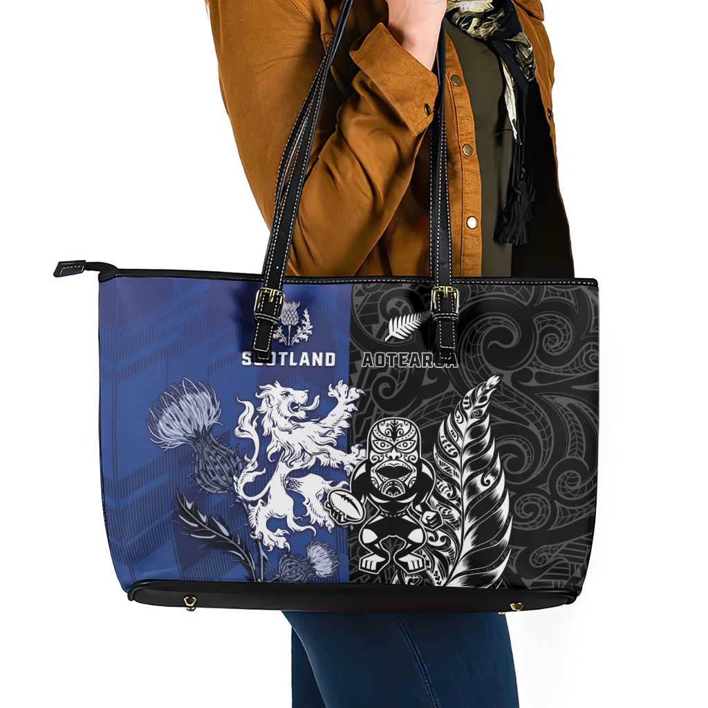New Zealand And Scotland Rugby Leather Tote Bag Maori Tiki With Thistle Together LT05 - Polynesian Pride