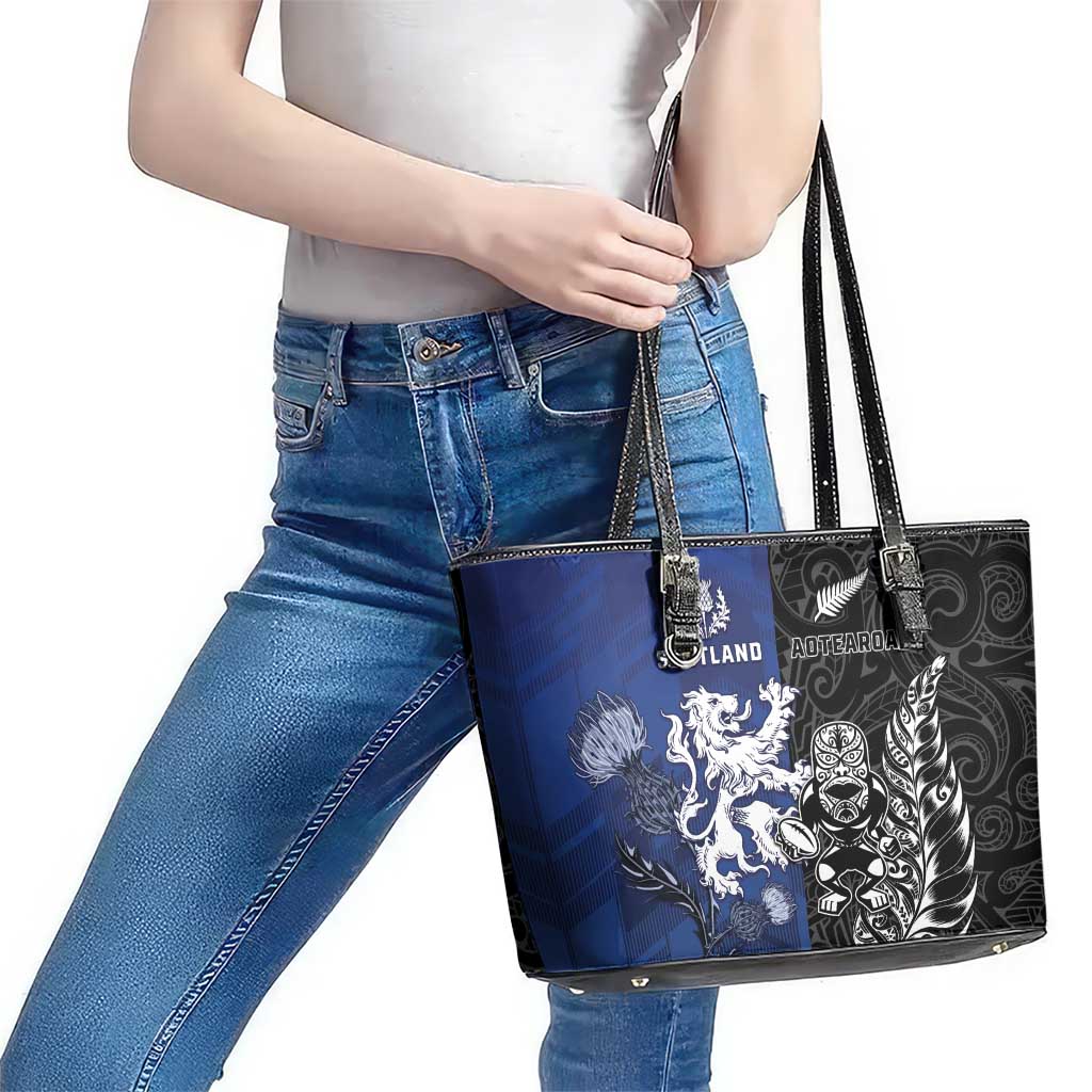 New Zealand And Scotland Rugby Leather Tote Bag Maori Tiki With Thistle Together LT05 - Polynesian Pride