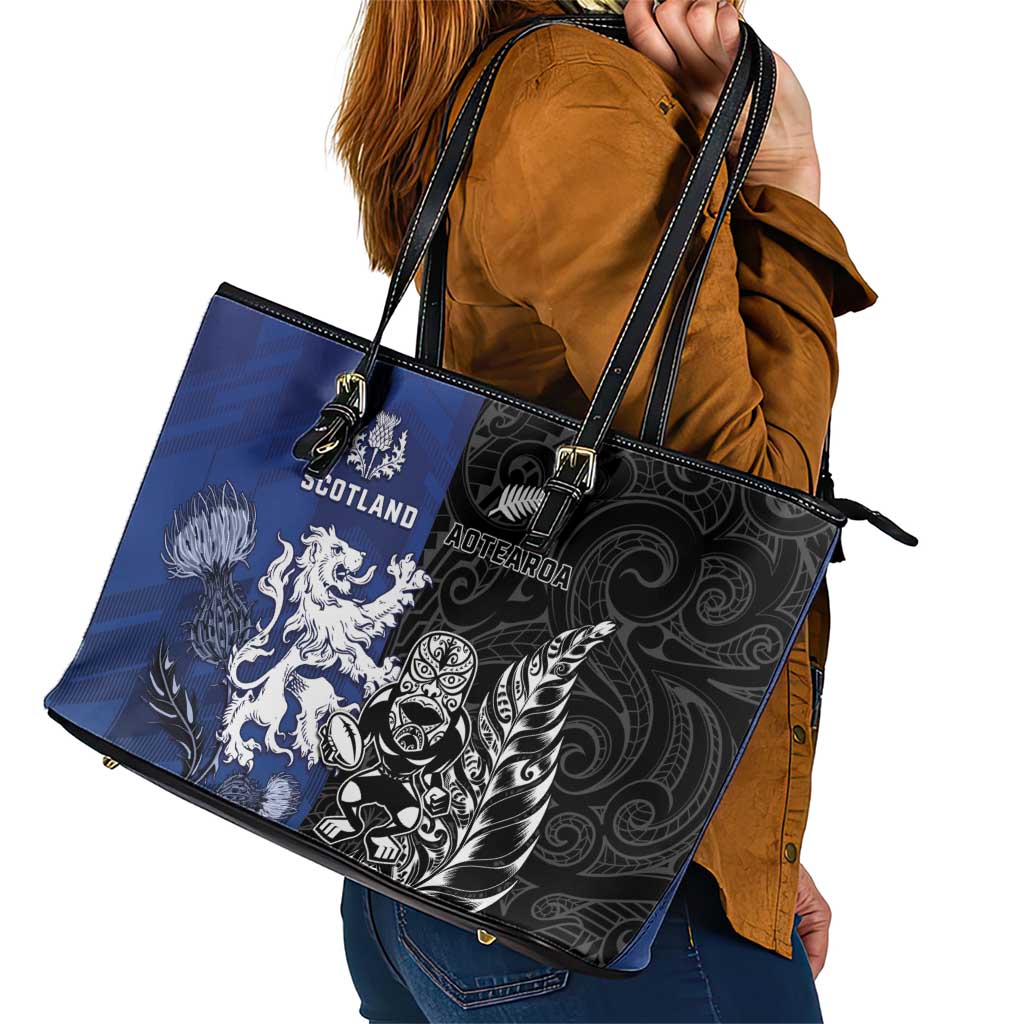 New Zealand And Scotland Rugby Leather Tote Bag Maori Tiki With Thistle Together LT05 - Polynesian Pride