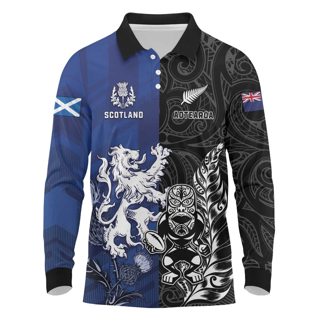 New Zealand And Scotland Rugby Custom Long Sleeve Polo Shirt Maori Tiki With Thistle Together LT05 Black - Polynesian Pride