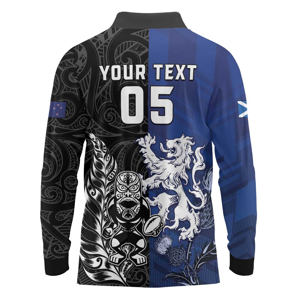 New Zealand And Scotland Rugby Custom Long Sleeve Polo Shirt Maori Tiki With Thistle Together LT05 - Polynesian Pride