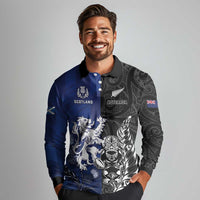 New Zealand And Scotland Rugby Custom Long Sleeve Polo Shirt Maori Tiki With Thistle Together LT05 - Polynesian Pride