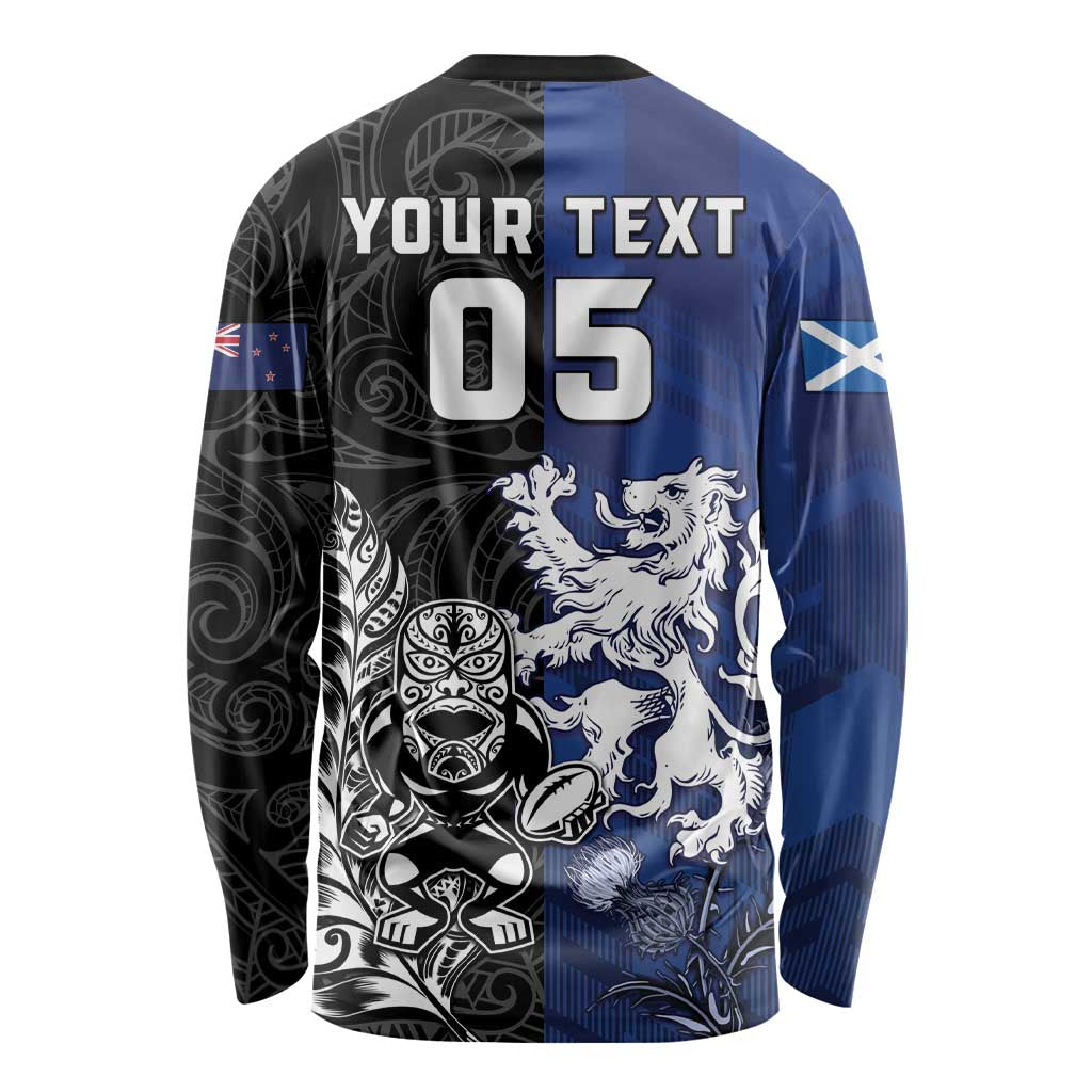 New Zealand And Scotland Rugby Custom Long Sleeve Shirt Maori Tiki With Thistle Together