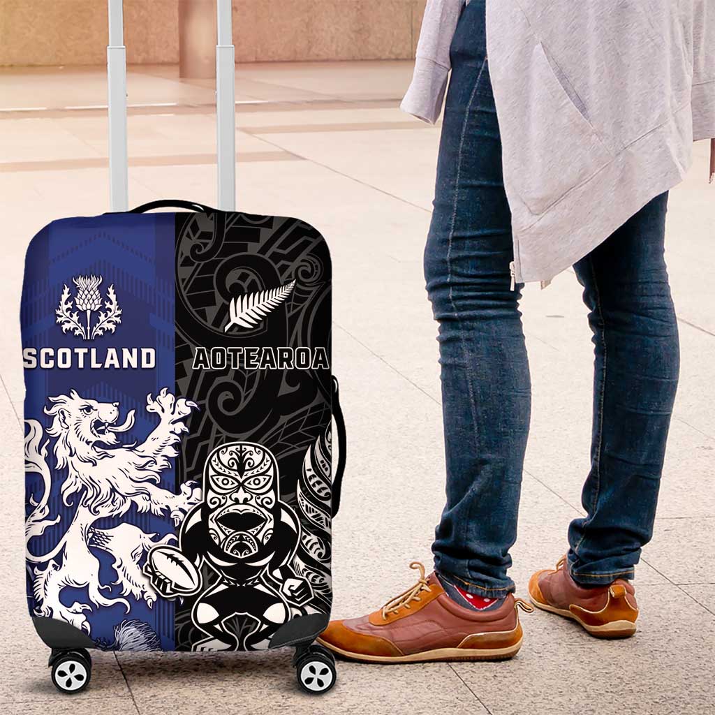 New Zealand And Scotland Rugby Luggage Cover Maori Tiki With Thistle Together LT05 Black - Polynesian Pride