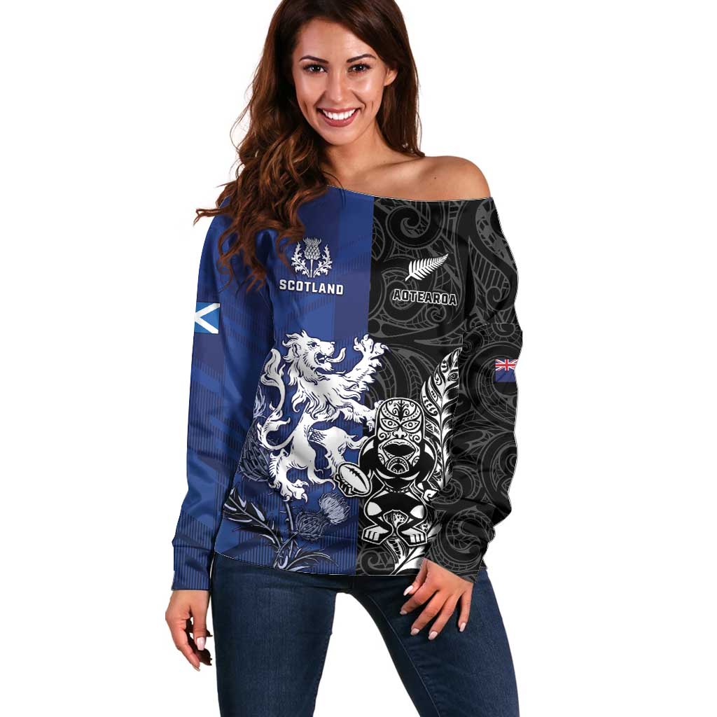New Zealand And Scotland Rugby Custom Off Shoulder Sweater Maori Tiki With Thistle Together