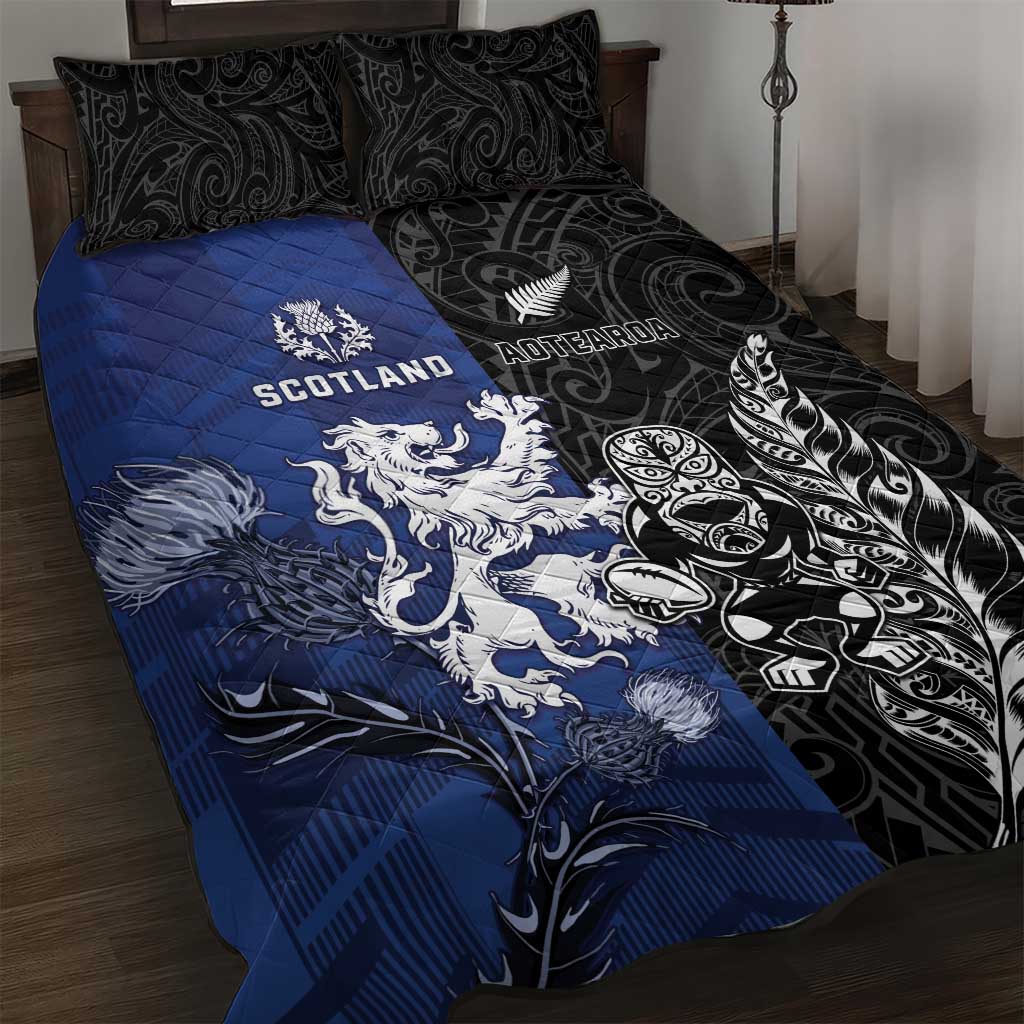 New Zealand And Scotland Rugby Quilt Bed Set Maori Tiki With Thistle Together LT05 Black - Polynesian Pride