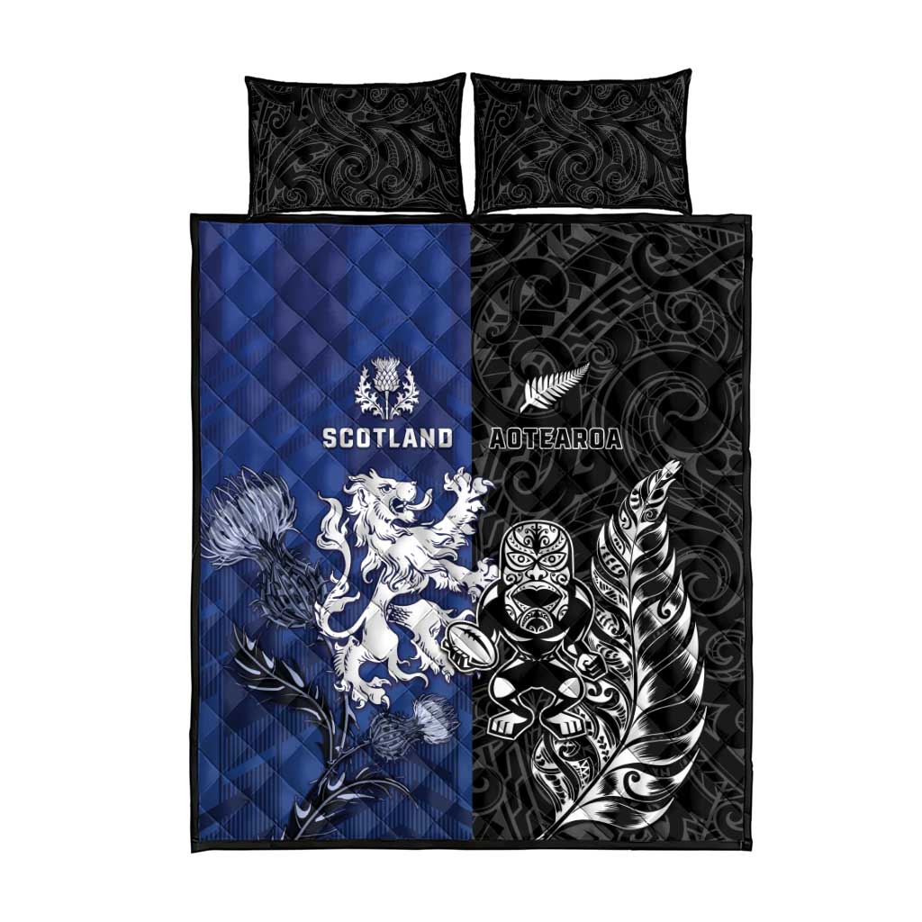 New Zealand And Scotland Rugby Quilt Bed Set Maori Tiki With Thistle Together LT05 - Polynesian Pride