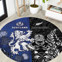 New Zealand And Scotland Rugby Round Carpet Maori Tiki With Thistle Together LT05 Black - Polynesian Pride
