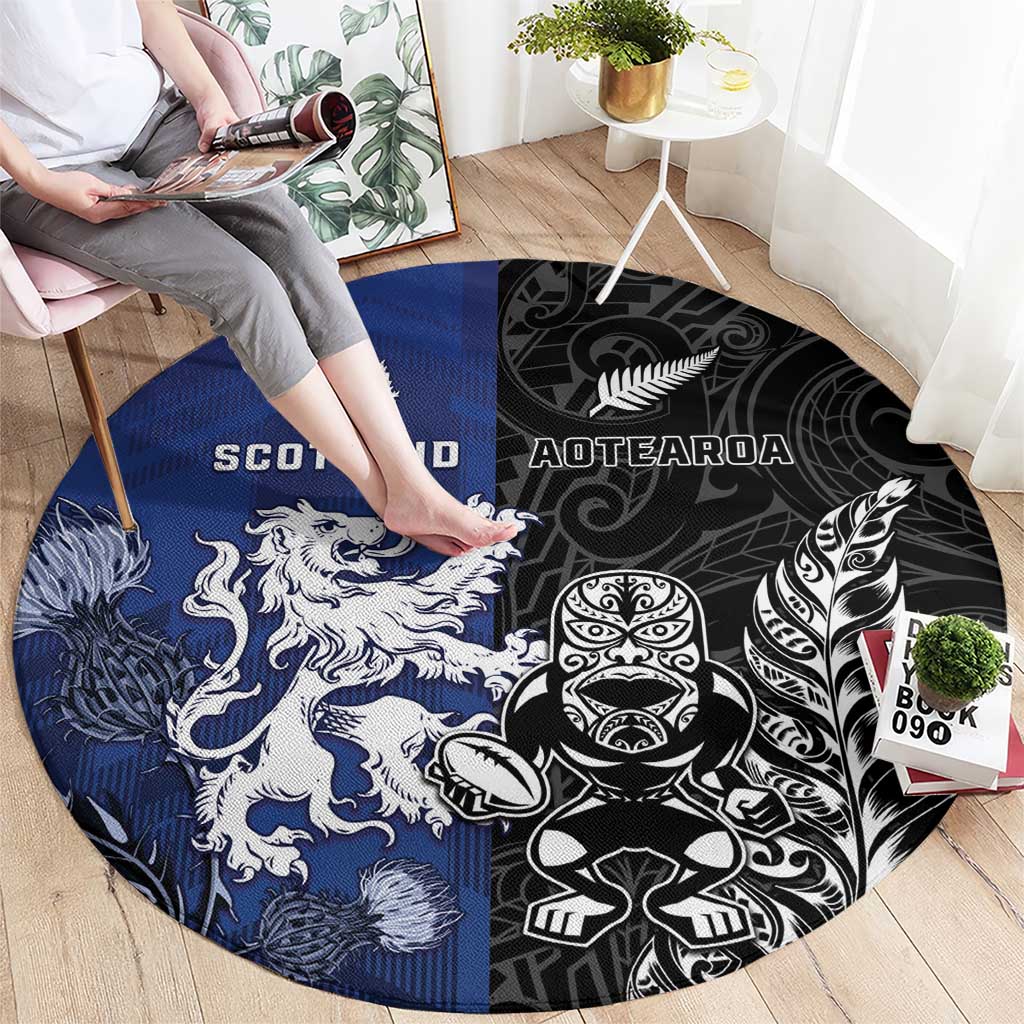 New Zealand And Scotland Rugby Round Carpet Maori Tiki With Thistle Together LT05 - Polynesian Pride