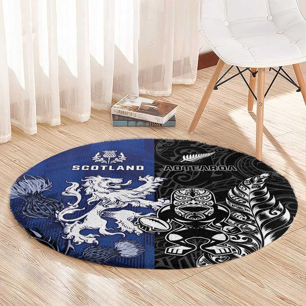 New Zealand And Scotland Rugby Round Carpet Maori Tiki With Thistle Together LT05 - Polynesian Pride