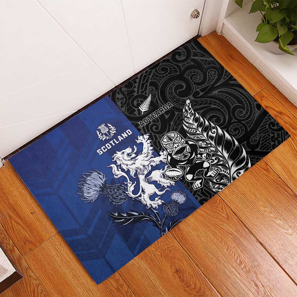 New Zealand And Scotland Rugby Rubber Doormat Maori Tiki With Thistle Together LT05 - Polynesian Pride