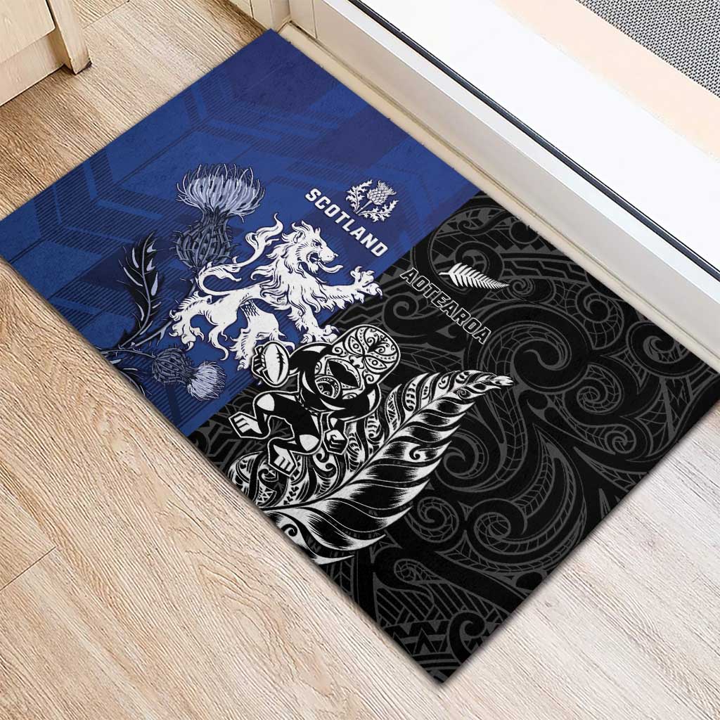 New Zealand And Scotland Rugby Rubber Doormat Maori Tiki With Thistle Together LT05 - Polynesian Pride