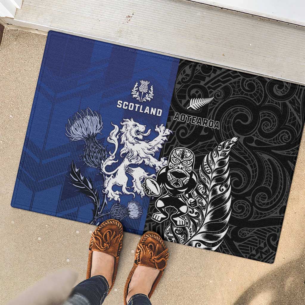 New Zealand And Scotland Rugby Rubber Doormat Maori Tiki With Thistle Together LT05 - Polynesian Pride