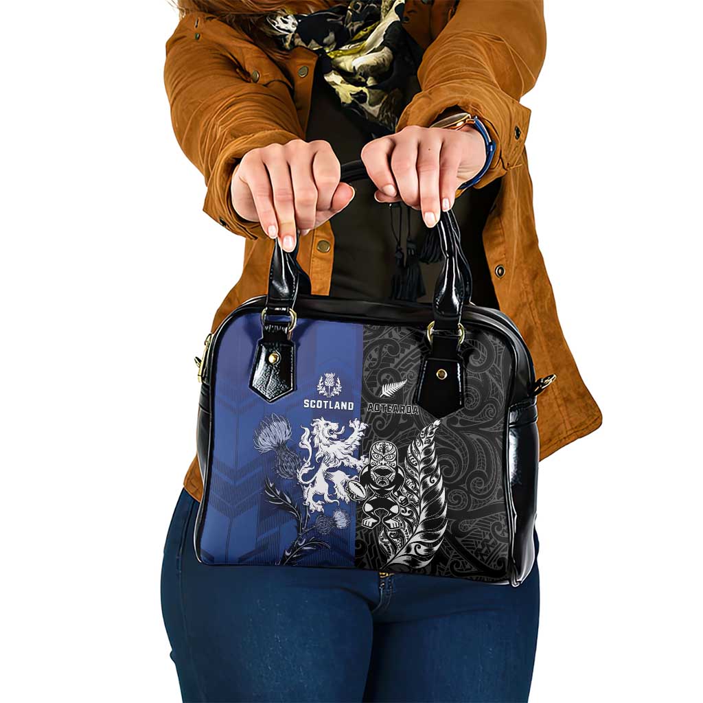 New Zealand And Scotland Rugby Shoulder Handbag Maori Tiki With Thistle Together LT05 One Size Black - Polynesian Pride