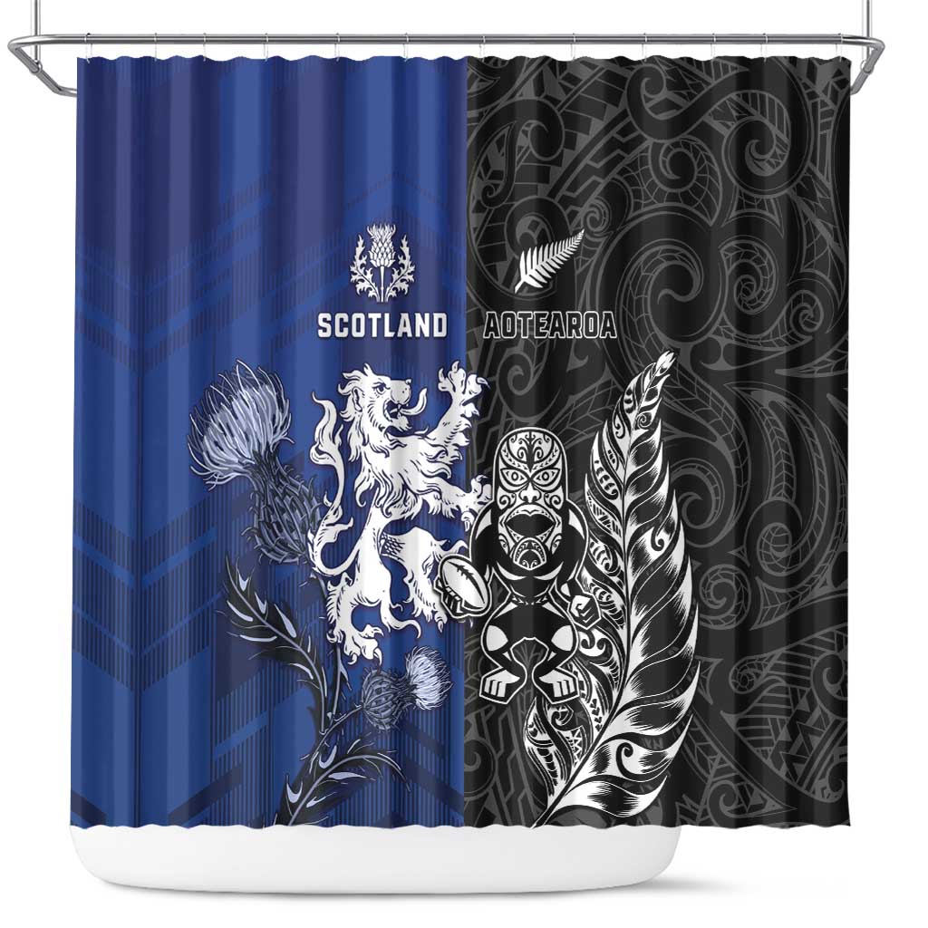 New Zealand And Scotland Rugby Shower Curtain Maori Tiki With Thistle Together LT05 Black - Polynesian Pride