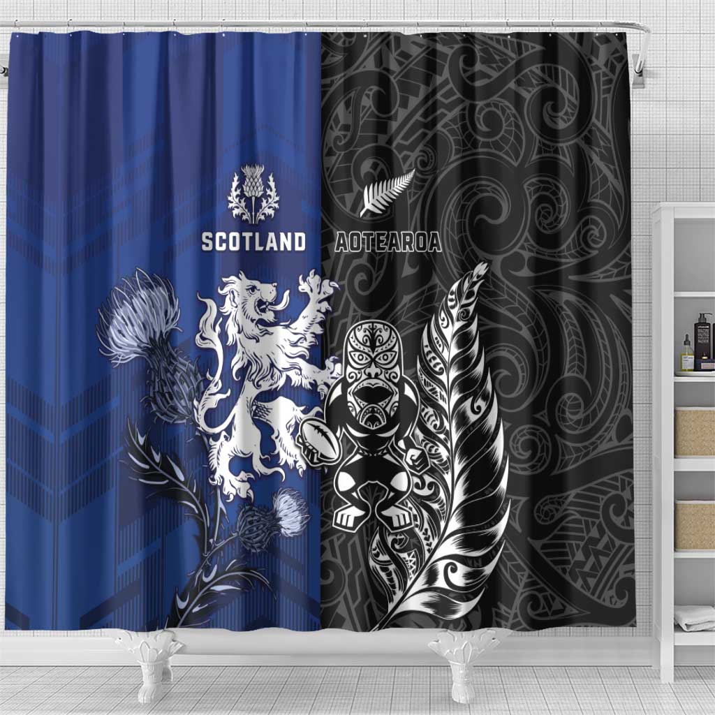 New Zealand And Scotland Rugby Shower Curtain Maori Tiki With Thistle Together LT05 - Polynesian Pride