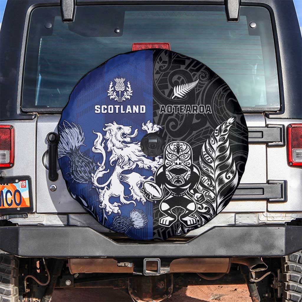 New Zealand And Scotland Rugby Spare Tire Cover Maori Tiki With Thistle Together LT05 Black - Polynesian Pride