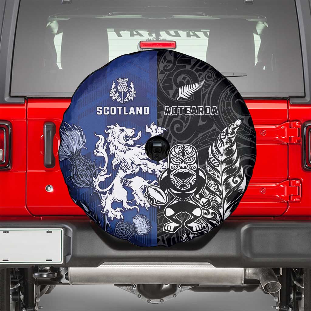 New Zealand And Scotland Rugby Spare Tire Cover Maori Tiki With Thistle Together LT05 - Polynesian Pride